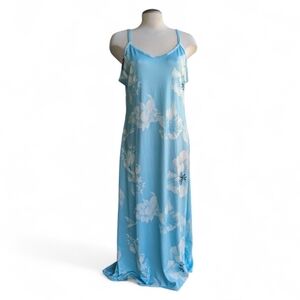 Blue with White Florals Flowy Spaghetti Strap V-Neck Maxi Dress Size XXL